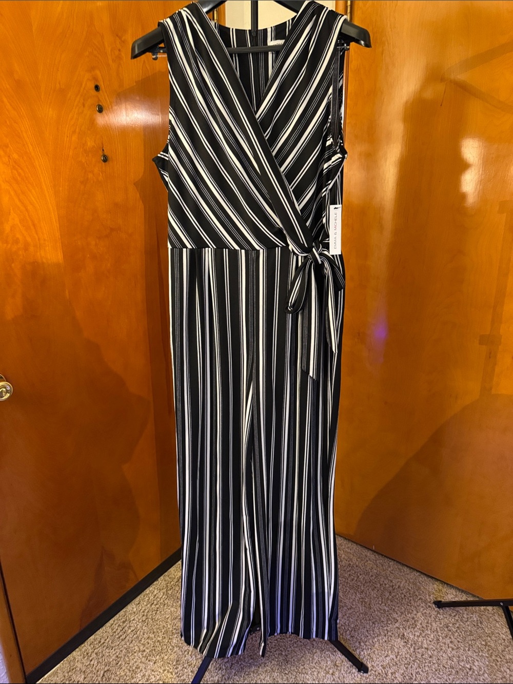 Emma & Michele Black and White Striped Sleeveless Wrap Jumpsuit